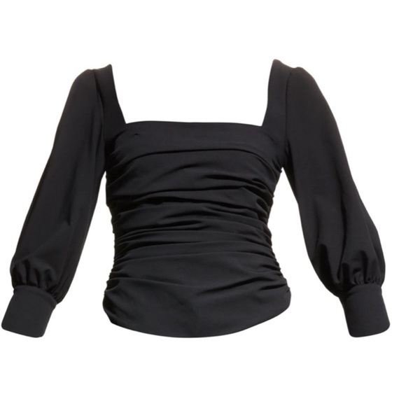 Cinq A Sept Karol Square-Neck Ruched 3/4” Puff Sleeve Crepe Top Blouse Medium - Picture 7 of 10